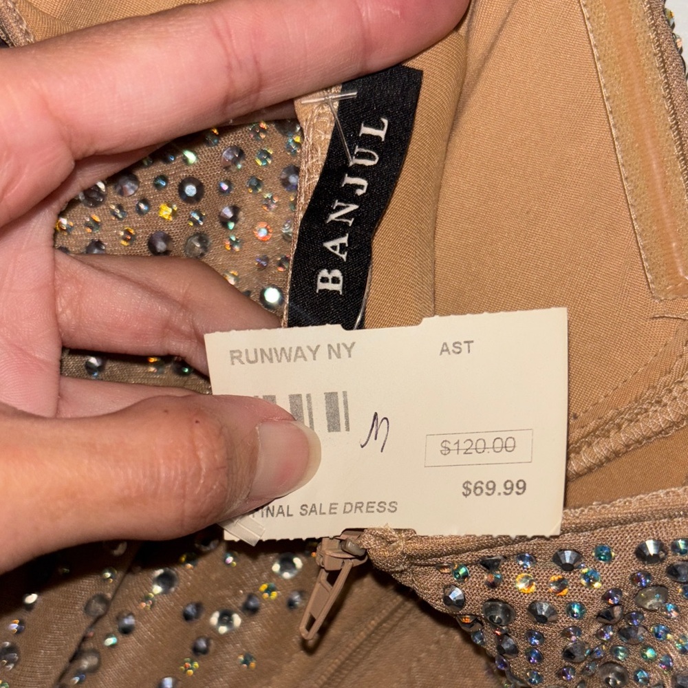 Banjul Tan Sequin Embellished double strap Dress bodysuit attached-sheer bottom - Picture 6 of 16